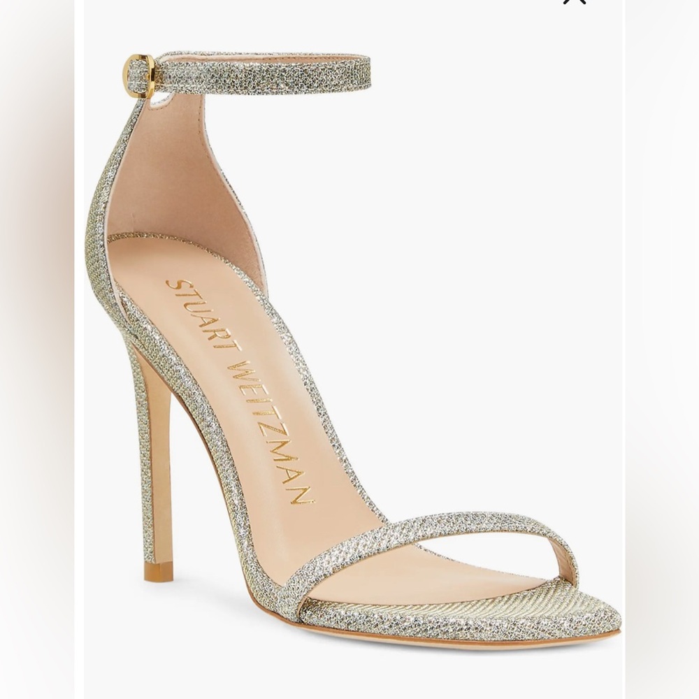 Stuart Weitzman Glittering Silver Ankle Strap Heels